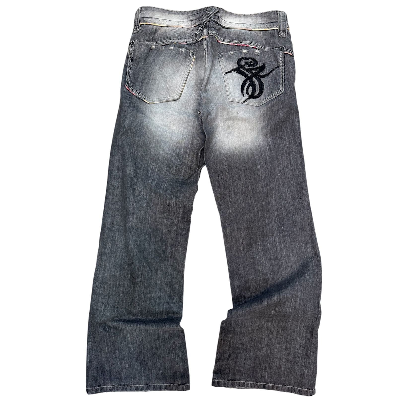 Distressed Denim Thrifted Jeans with Floral Accents