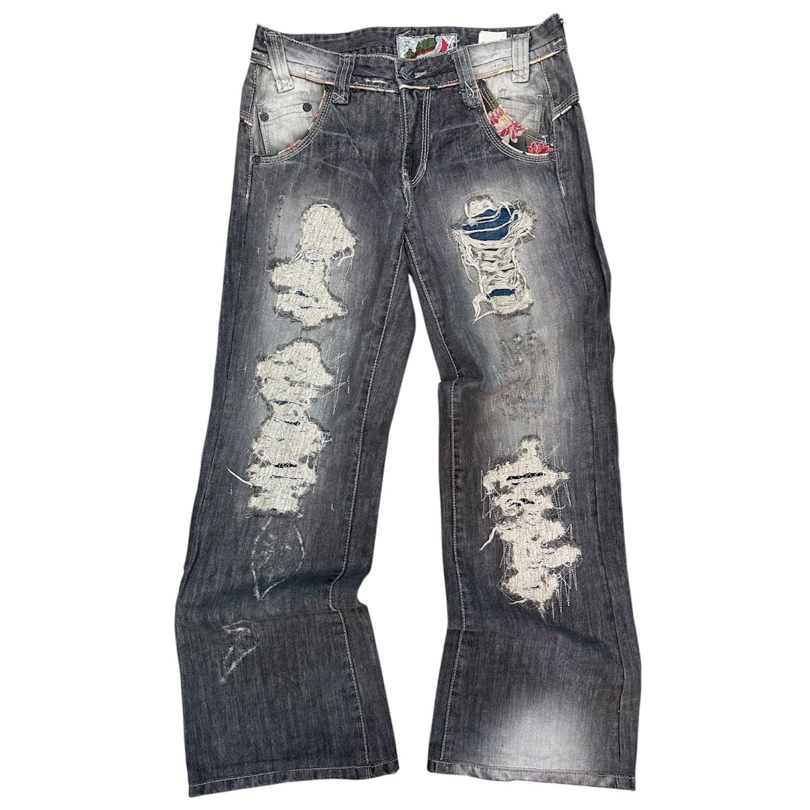 Distressed Denim Thrifted Jeans with Floral Accents